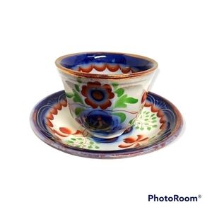 Antique Gaudy Welsh Ironstone Flow Blue Luster Floral Poppy Copper Cup Saucer